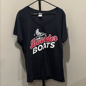 Port and Company Black Tee with Red and White Print NWOT